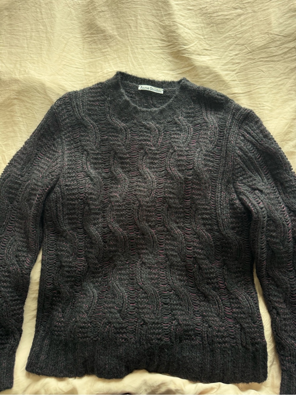 Acne Studios Black Cable Crewneck Sweater with Purple Details
